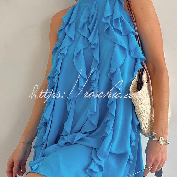 Oh So Sweet Chiffon High Neck Ruffle Pleated A-line Mini Dress