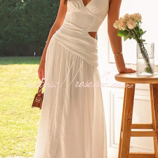 Solid Color V-neck Waist Hollow Slim Maxi Dress