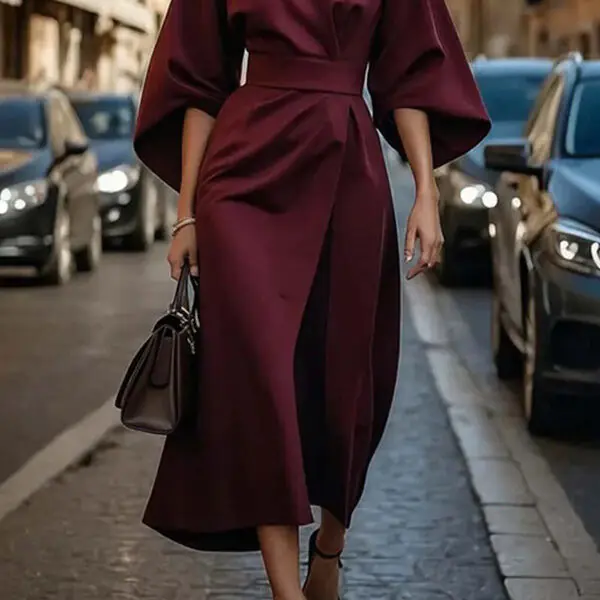 Solid Color Batwing Sleeve Waisted Casual Midi Dress