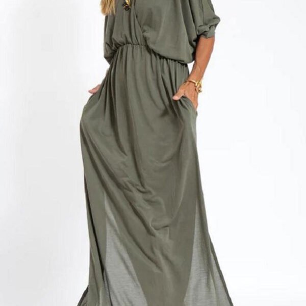 Ultimate Comfort Elastic Waist Half Sleeve Pocketed Slit Maxi Dress