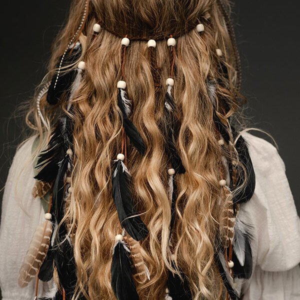 Bohemian Handwoven Rope Wood Bead Feather Headband
