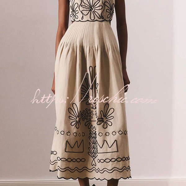 Feeling Special Linen Blend Unique Print Petal Edge Pocketed Slip Midi Dress