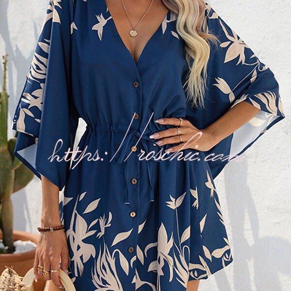 Botanical Print Button Drawstring Waist Dolman Sleeve Loose Romper