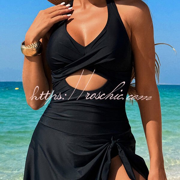 Fashionable Halterneck Waist Hollow Stretch One-piece Swimsuit