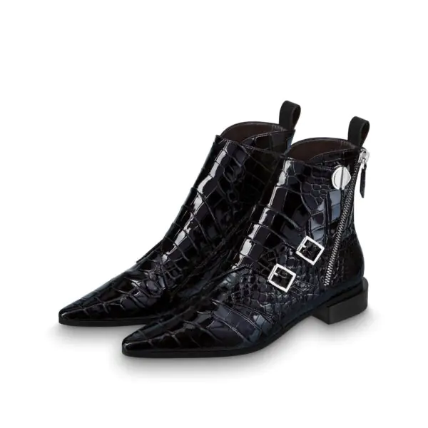 Black Lizard Skin Buckles Pointy Toe Side Zip Flat Ankle Boots