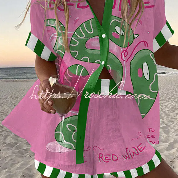 Green Snake Print Loose Button Elastic Waist Shorts Set
