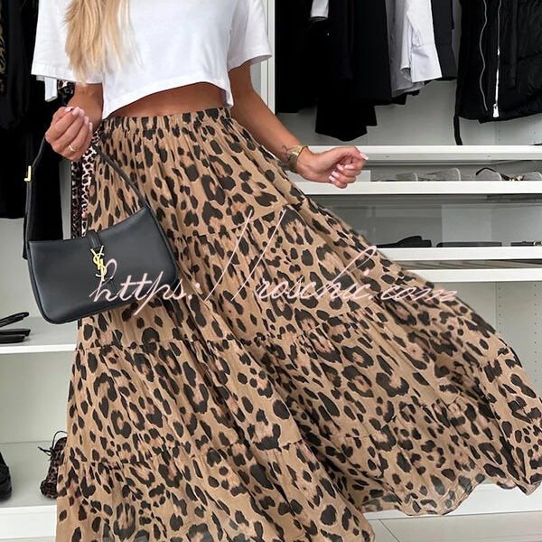 Unique and Comfortable Leopard Print Elastic Waist A-line Layered Maxi Skirt