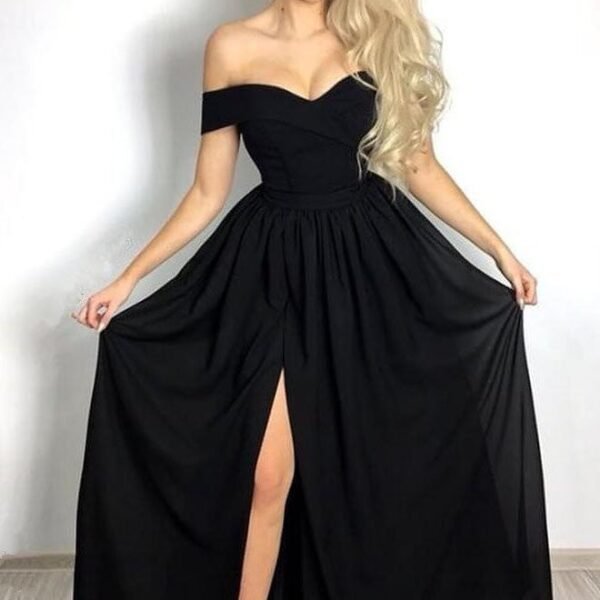 Affordable Chic Black Formal Dresses Off-the-Shoulder Front Slit Evening Dresses