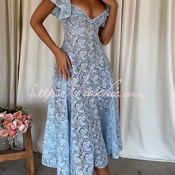 Romantic Atmosphere Bluebell Lace Butterfly Sleeve Sweetheart Neck Stretch Midi Dress