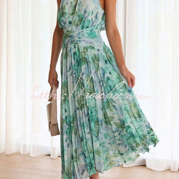 Sunny Forecast Floral Cutout Neck Pleated Midi Dress