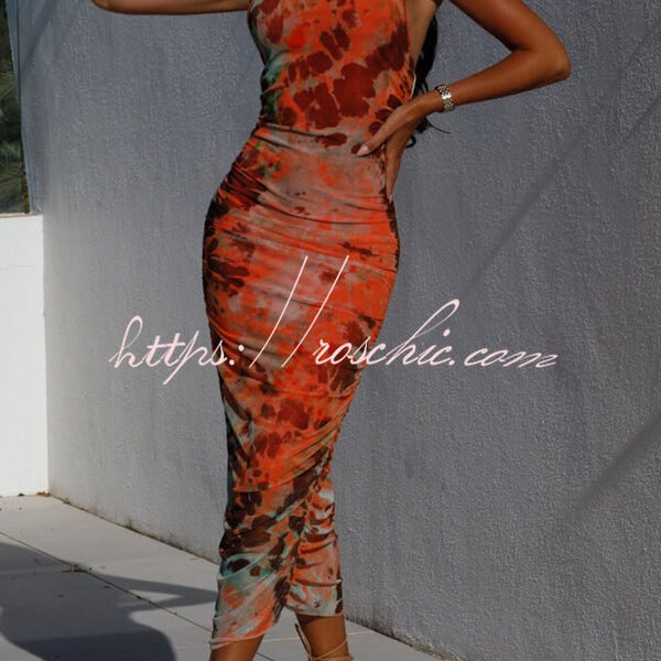 Avalon Mesh Color Splash Ink Print Ruched Halter Stretch Midi Dress