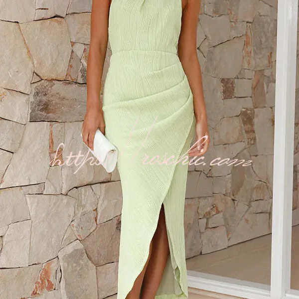 Zephyr Pleated Textured Fabric Halter Neck Backless Slit Maxi Dress