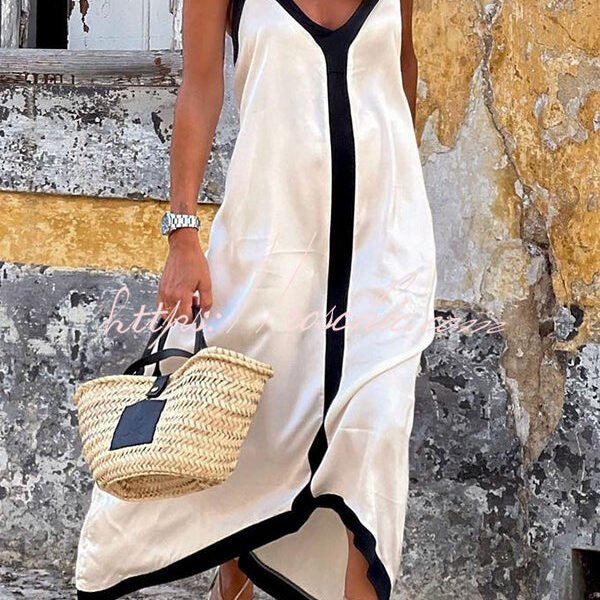 Traveling The Horizon Satin Colorblock Strap Loose Maxi Dress