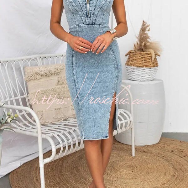 This Seasons Staple Denim Adjustable Straps Zip-up Firm Stretch Midi Dress