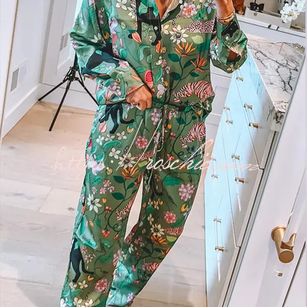 Quiet Jungle Satin Unique Print Long Sleeve Shirt and Elastic Waist Pocket Lounge Pants Set