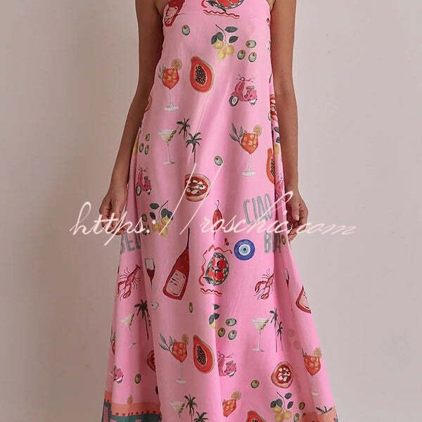 Feeling Fun Linen Blend Unique Print Off Shoulder Loose Maxi Dress