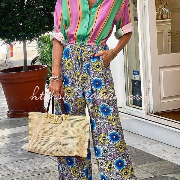 Boho Chic Look Unique Print Elastic Waist Pocketed Loose Shirt Jumpsuit