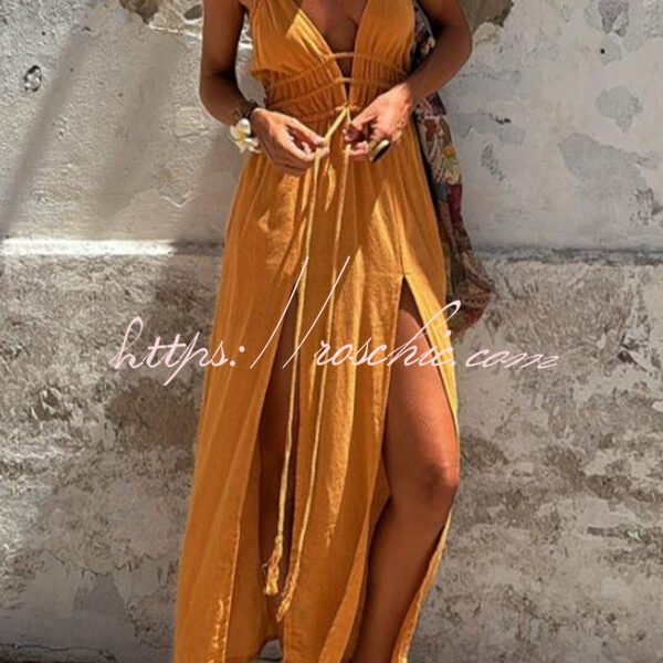Cecilia Linen Blend Elastic Waist Halter Backless Pocket Slit Midi Dress
