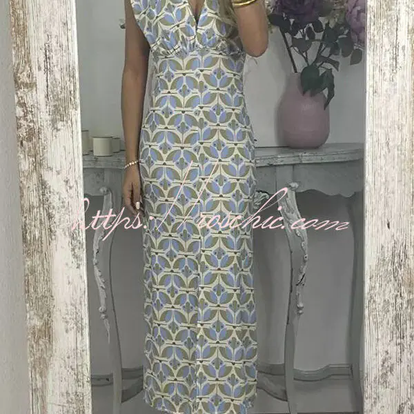 Forever Here Printed Padded Shoulder Front Center Slit Midi Dress