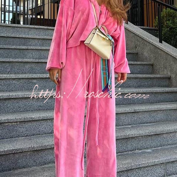 Velvet Casual Zip-up Hooded Top and Elastic Waist Wide Leg Pants Set