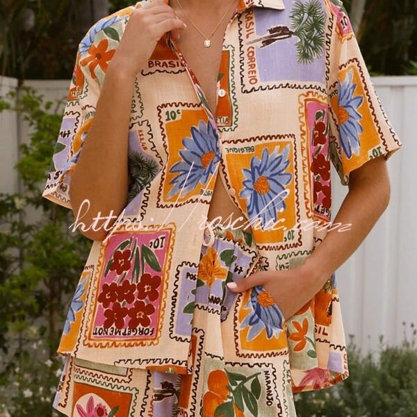 Linen Blend Unique Print Casual Short Sleeve Shirt and Elastic Waist Pocket Shorts Set