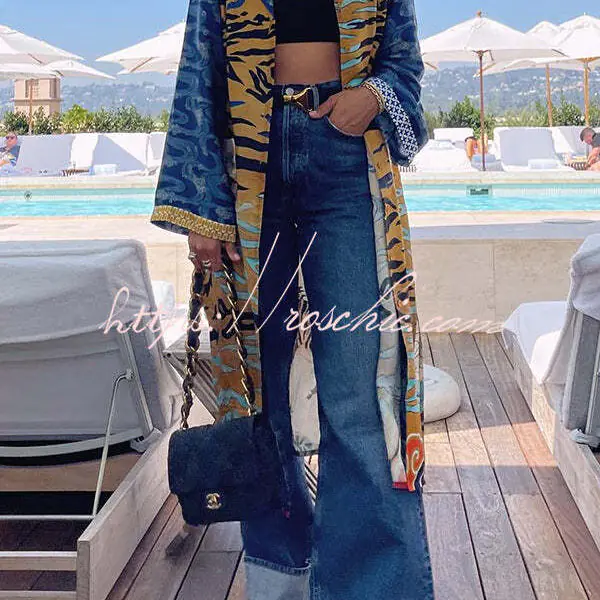 Tropical Jungle Tiger Unique Print  Long Sleeve Belt Pocketed Kimono Coat