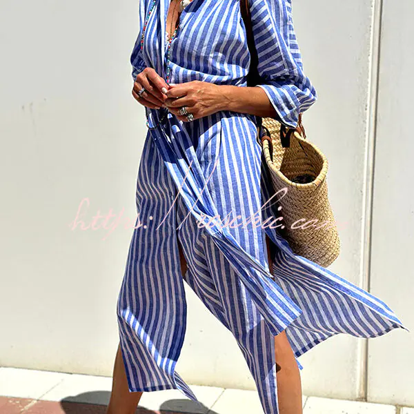 Summer Splendor Printed Button Half Sleeve Belt Loose Shirt Midi Dress