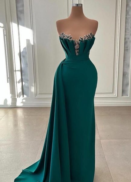 Ballbella Beautiful Dark Green Long Prom Dress Evening Gowns Strapless Mermaid