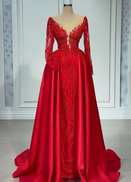 Ballbella Chic V-neck Lace Prom Dresses Evening Gown With Long Sleeves