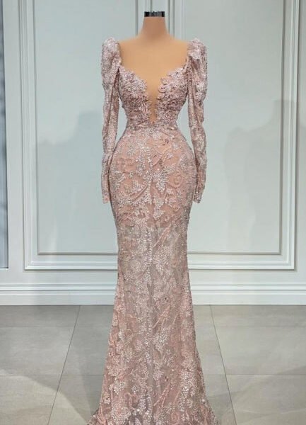 Ballbella Designer Pink V-neck Lace Mermaid Prom Dress Evening Gowns With Long Sleeves