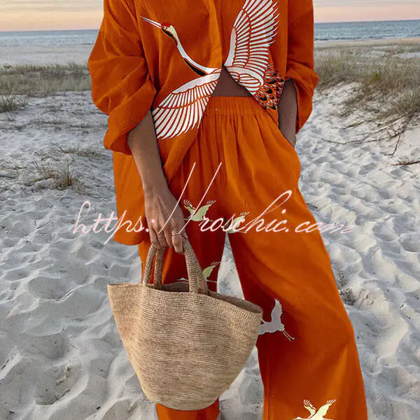 Crane Print Oversized Shirt and Elastic Waist Pocket Pants Set