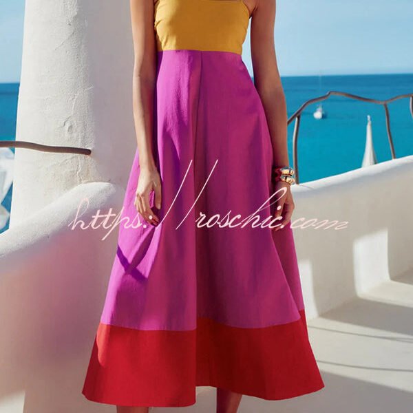 Fashion Splicing Sling Back Pleated Holiday Style Midi Dress