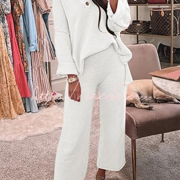 Heather Hailey Solid Color Casual Button V Neck Top and Pant Two Piece Set