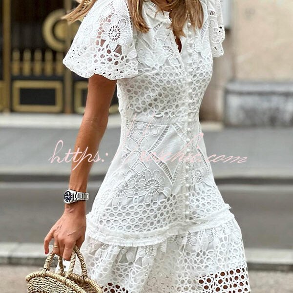 Sweet Valor Crochet Lace Puff Sleeve Button Up Mini Dress