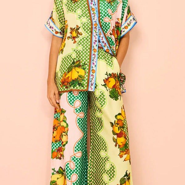 Enjoy Summer Lemon Satin Unique Print Elastic Waist Pocketed Wide Leg Pants