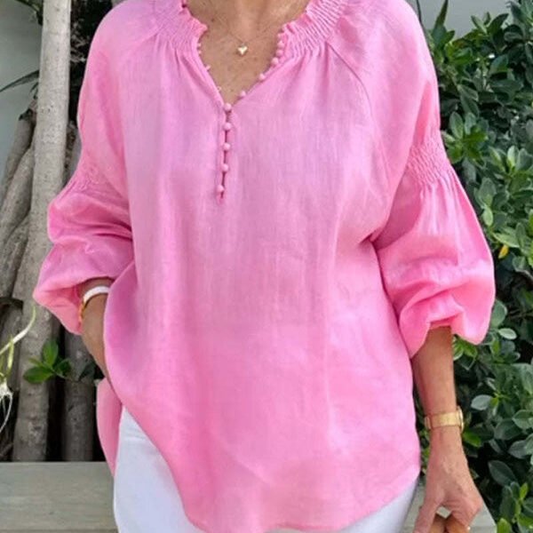 Solid Color V-neck Puff Sleeve Casual Loose Top