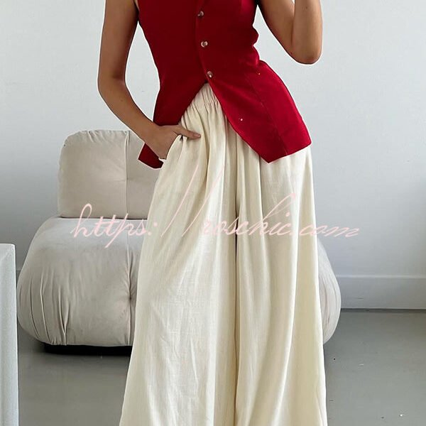 Billie Linen Blend High Rise Elastic Waist Pocketed Wide Leg Pants