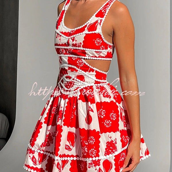 Holiday Colors Ric Rac Trims Unique Print Cutout Round Neck Mini Dress