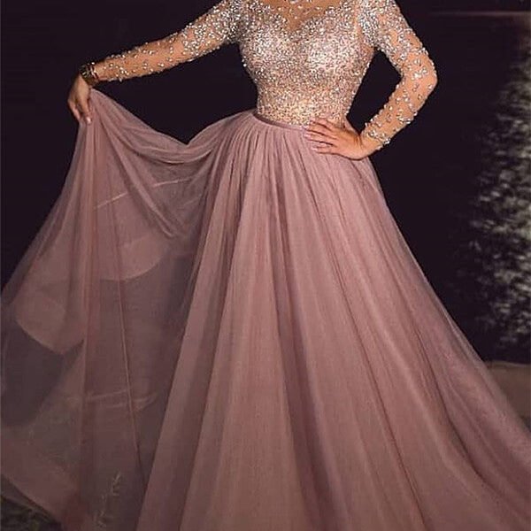 Beading A-line High-neck Evening Dresses Floor Length Prom Dresses