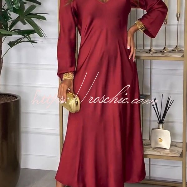 Solid Color V-neck Long-sleeved Loose Draped Maxi Dress