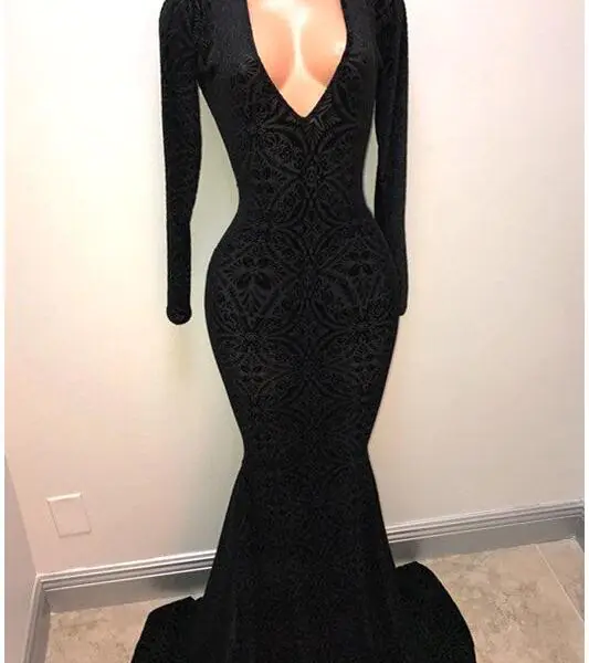 Black Lace V-Neck Prom Party Gowns| Mermaid Long-Sleeve Evening Gowns