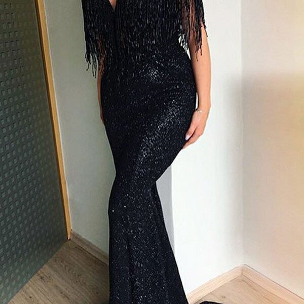 Black Sequins Mermaid Evening Gowns Tassels Sweep-Train Long Prom Dresses