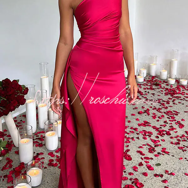Fits Your Curves Satin One Shoulder Drape Slit Maxi Dress