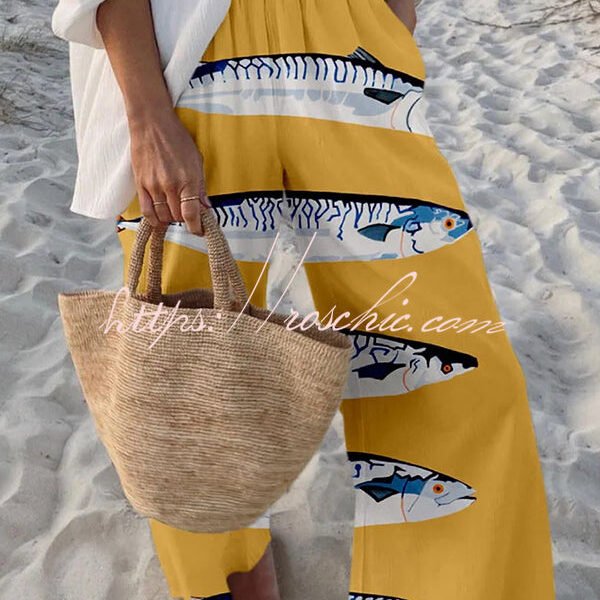 Unique Marine Print Elastic Waist Loose Pocket Pants