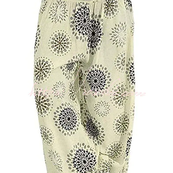 Digital Print Elastic Waist Pleated Long Pants