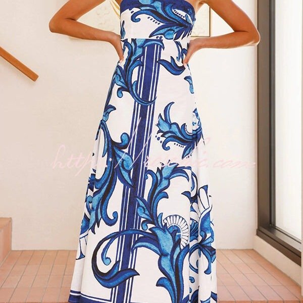 Unique Botanical Print Off-the-shoulder Fitted Maxi Dress