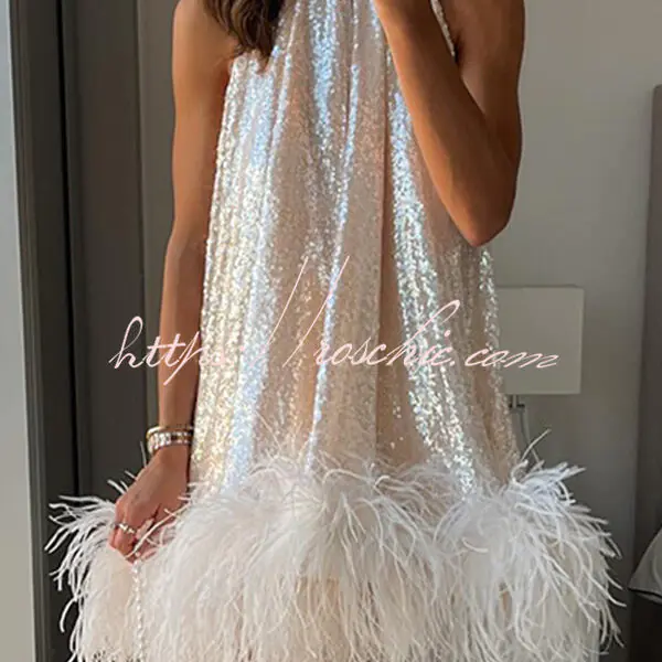 Dancefloor Elf Sequin Feather Trim High Neck A-line Mini Dress