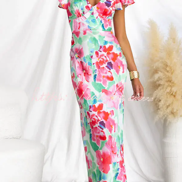 Say I Do Satin Floral Print Cap Sleeves Maxi Dress