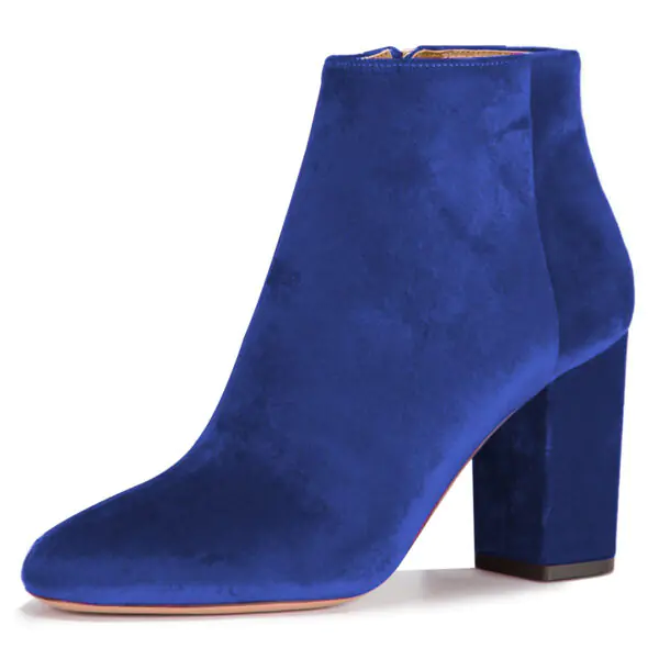Royal Blue Velvet Round Toe Chunky Heel Office Ankle Boots