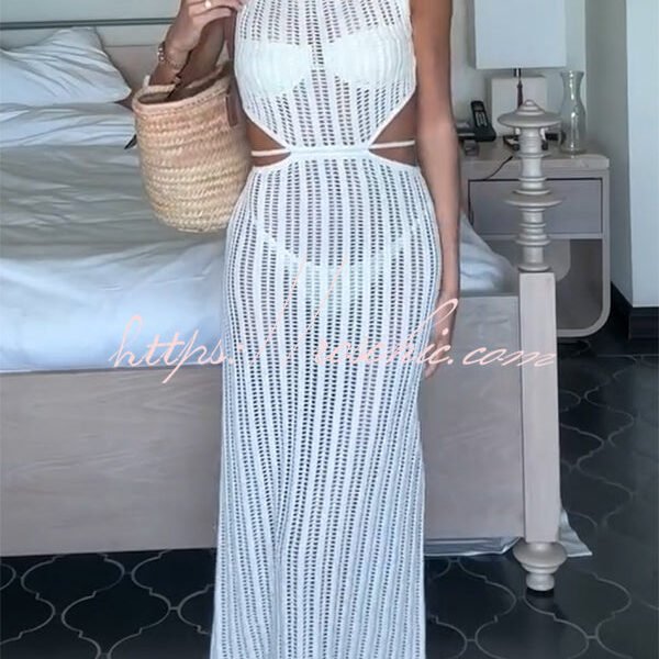 Beach Day Crochet Knit Cutout Waist Coverup Stretch Maxi Dress